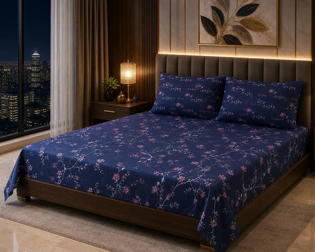 Stylish 3 Pcs Cotton Salonica Printed Double Bedsheet