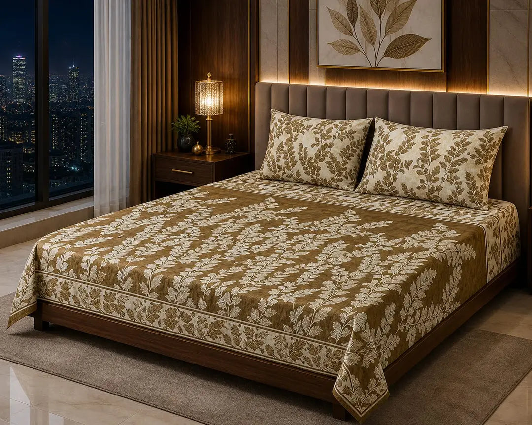 Stylish 3 Pcs Cotton Salonica Printed Double Bedsheet