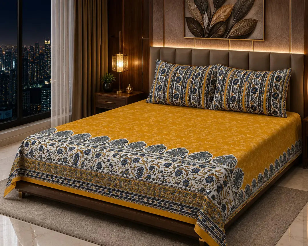 Stylish 3 Pcs Cotton Salonica Printed Double Bedsheet