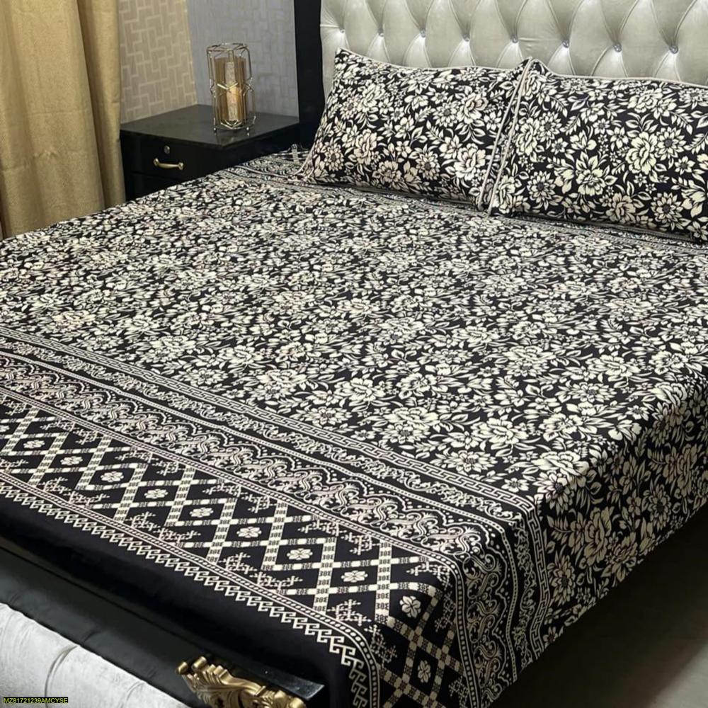 Crystal Cotton Floral Geometric Bedsheet Set Black Cream Double