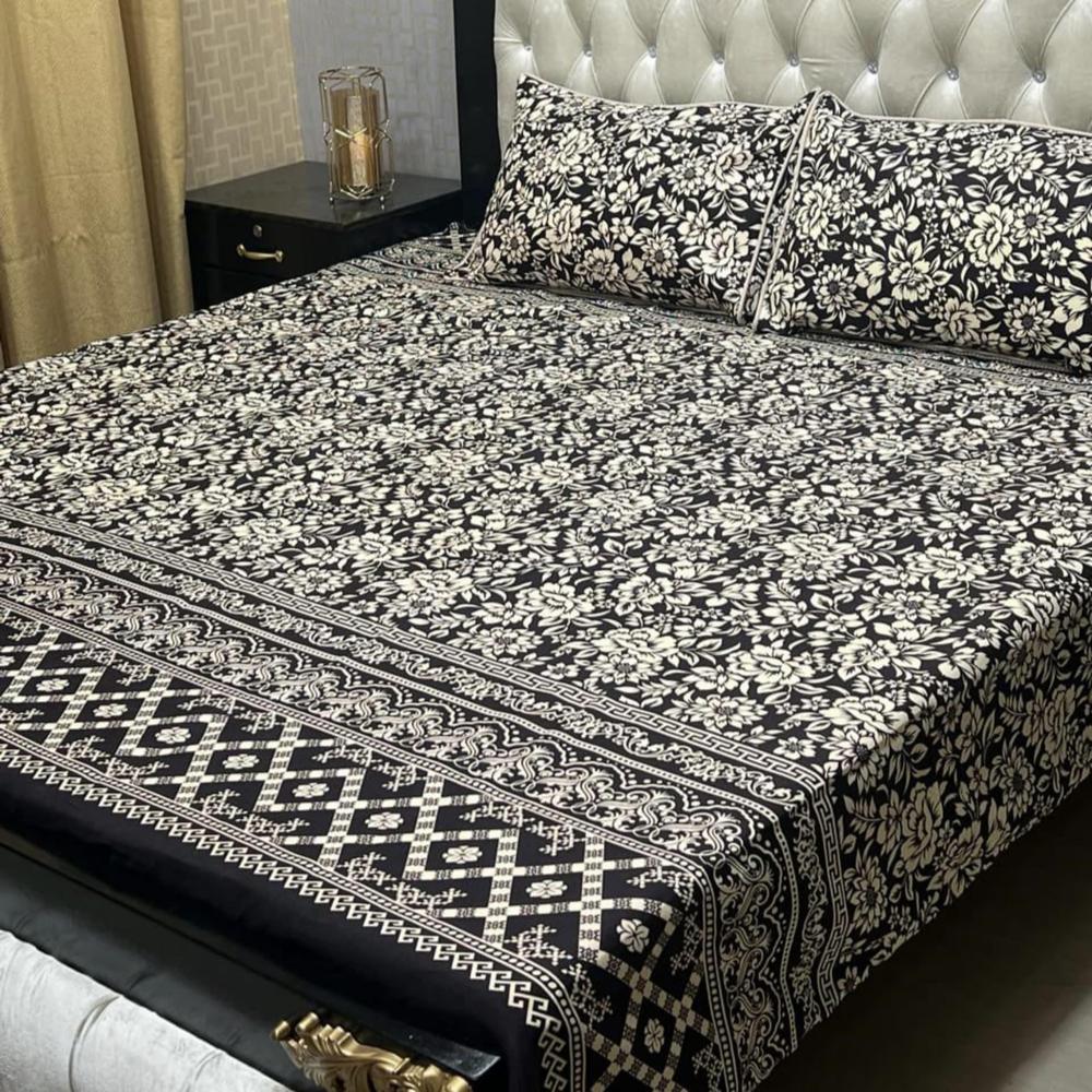 Crystal Cotton Floral Geometric Bedsheet Set Black Cream Double
