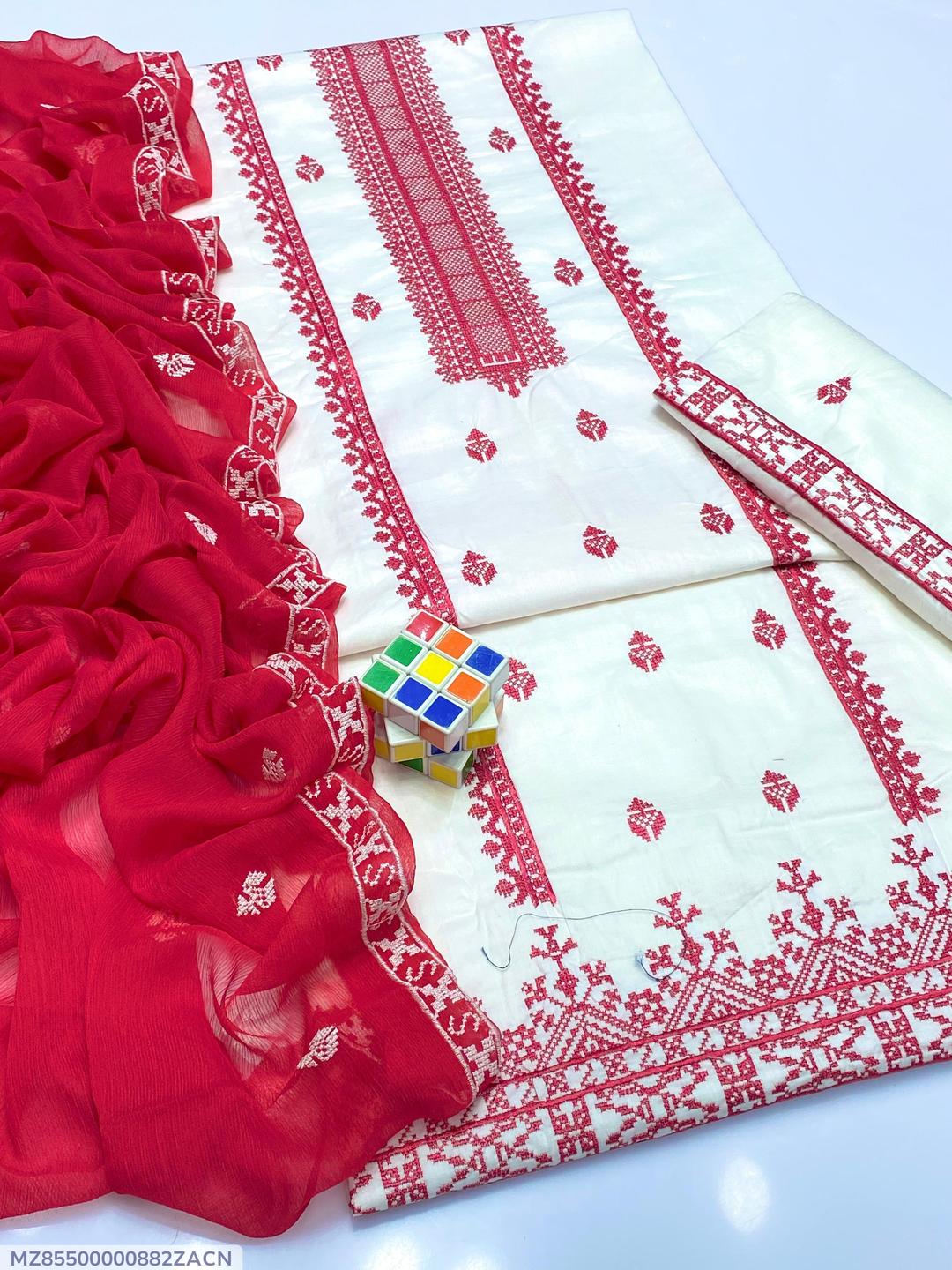 White Cotton Lawn 3-Piece Suit with Red Embroidery & Chiffon Dupatta