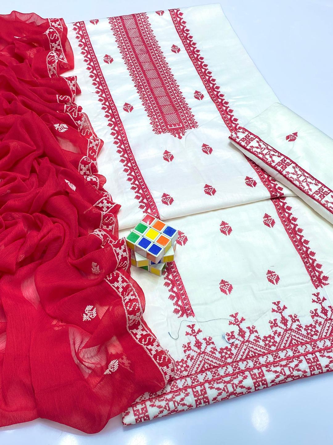 White Cotton Lawn 3-Piece Suit with Red Embroidery & Chiffon Dupatta