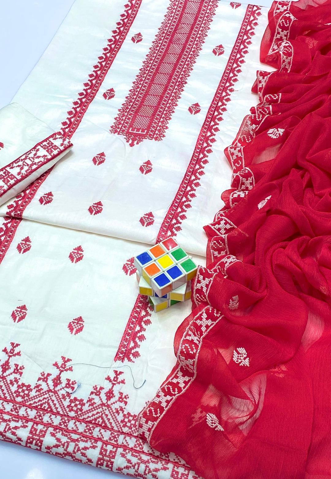 White Cotton Lawn 3-Piece Suit with Red Embroidery & Chiffon Dupatta