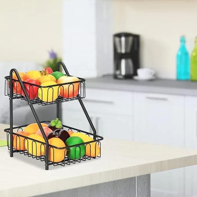 Black Metal Two-Tier Fruit Basket Kitchen Storage